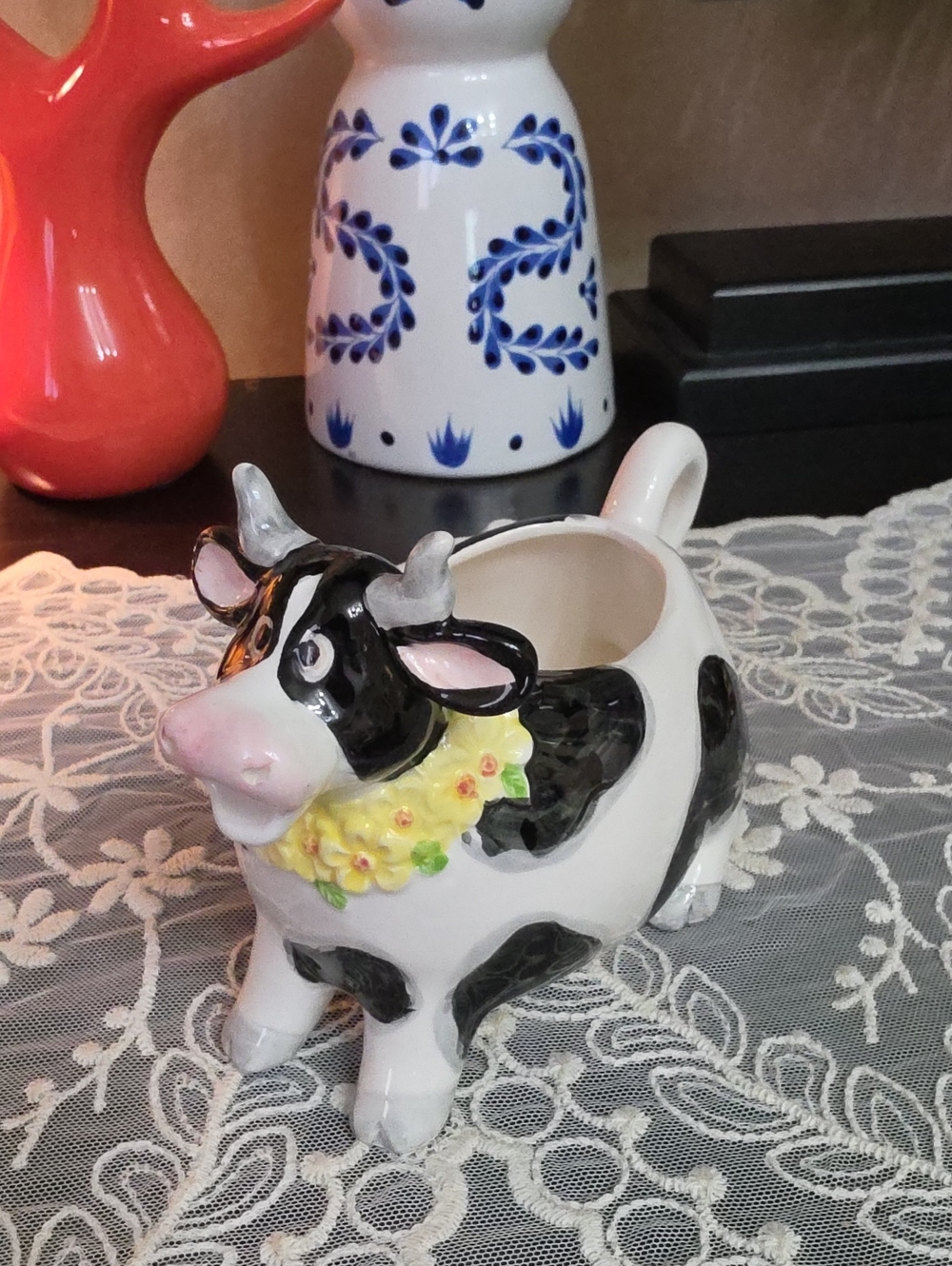 Vtg 1980 Black & White Ceramic Cow Creamer with Yellow Floral Collar